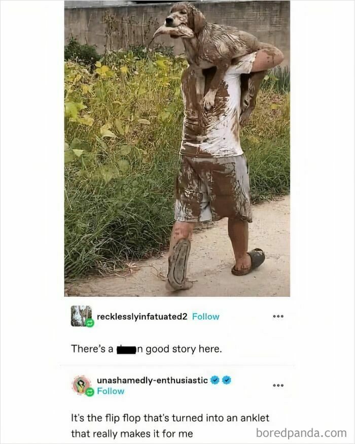 Man covered in mud carries a muddy dog on shoulders, showcasing an adorable animals moment that may bring instant smiles