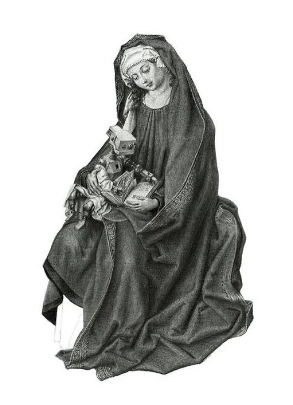 Graphite drawing depicts a robed figure holding a robot-like doll, blending familiar and deeply unsettling elements.