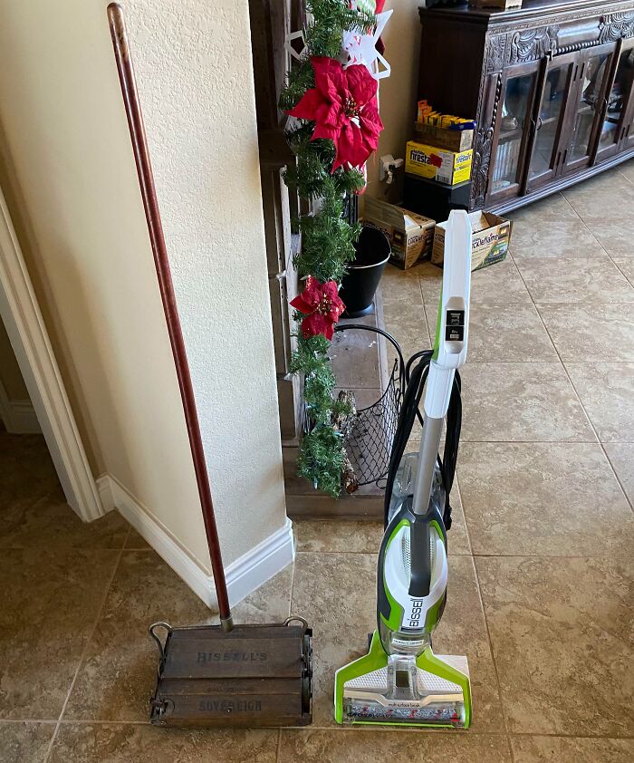 Old and modern vacuum cleaners side by side, showing how things used to look in home cleaning tools.