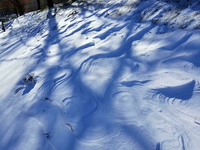 Snow patterns on a hillside create unusual shapes that require a double take to realize what they really are.