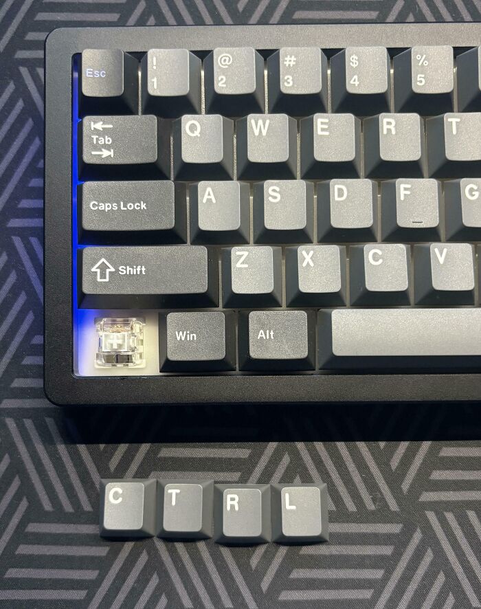 Mechanical keyboard missing the Ctrl key, illustrating a common annoyance shared by mildly infuriated people who ruined their mood.
