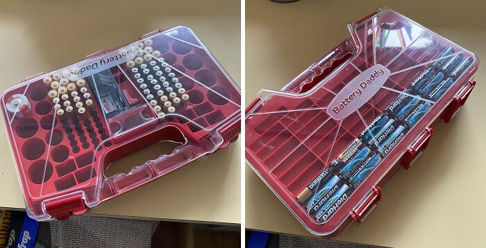 Compact battery organizer case with labeled compartments storing various battery sizes, showcasing clever solutions for overlooked issues.