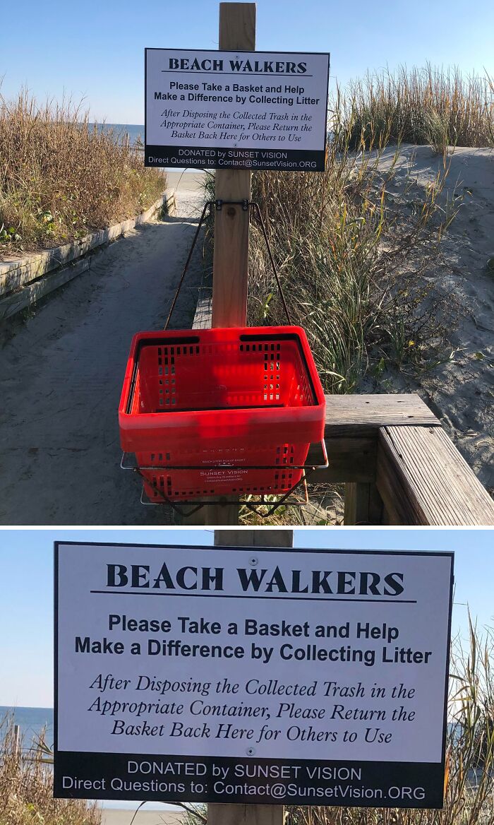 Red basket and sign encouraging beach walkers to collect litter as a clever way people solved overlooked issues at the beach.