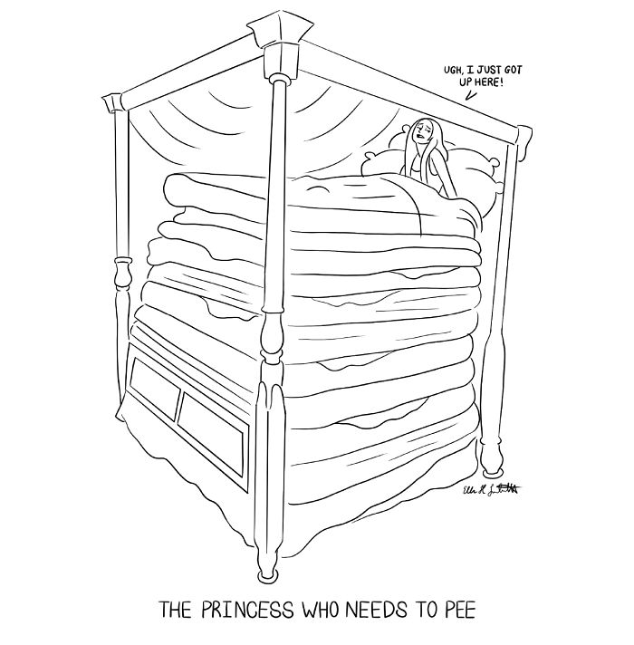 Woman sitting on an excessively tall bed in a gag cartoon, humorously depicting a relatable situation by Ellen Liebenthal.