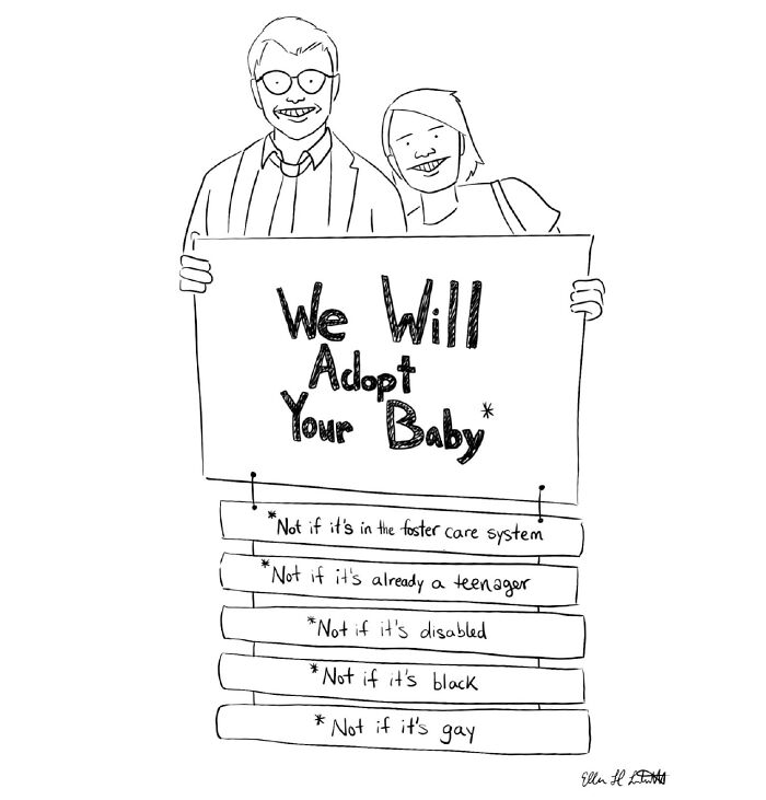 Two people holding a sign about adoption with satirical notes in a hilariously relatable one-panel gag cartoon.