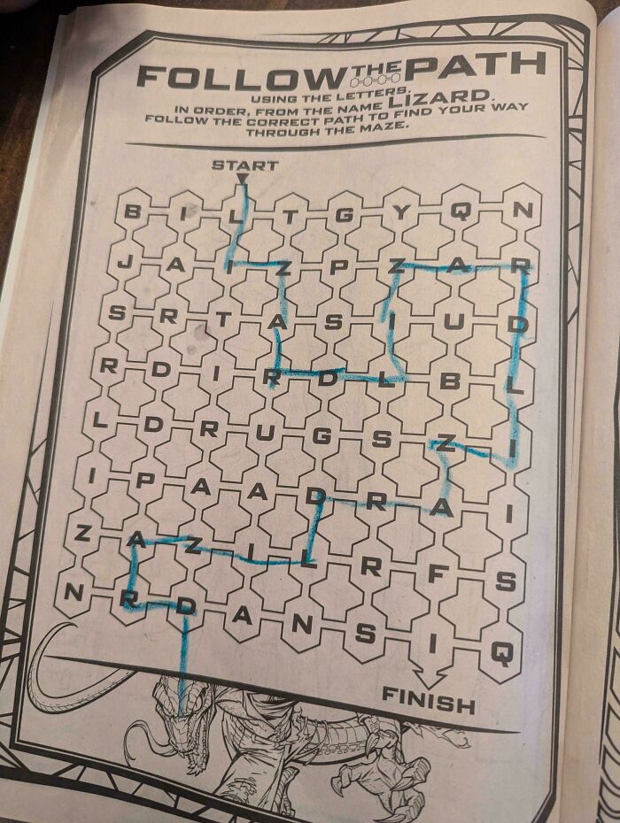 Maze puzzle with incorrect path traced in blue pen, frustrating users trying to follow the letters to spell lizard.