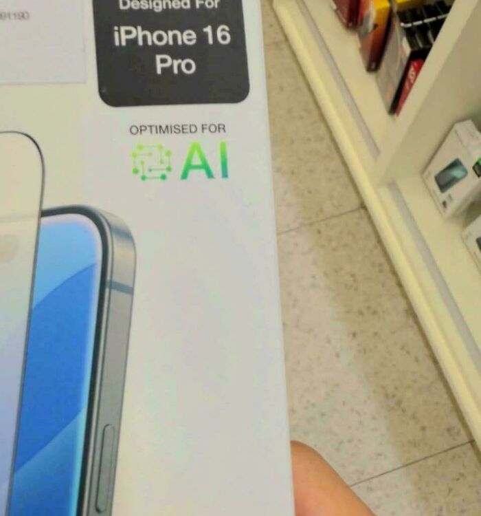 Packaging for iPhone 16 Pro showing a label optimized for AI, highlighting product features that mildly infuriated shoppers.