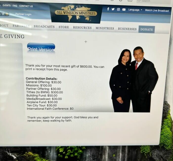 Receipt page showing a $600 donation breakdown and a smiling couple in formal attire, mildly infuriated mood context.