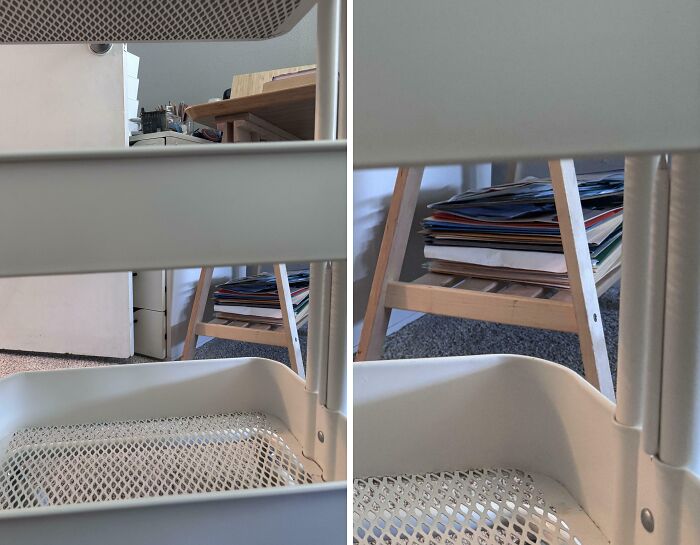 Close-up of a chair blocking view of a stack of papers on a wooden stand, illustrating mildly infuriated mood ruined moments.