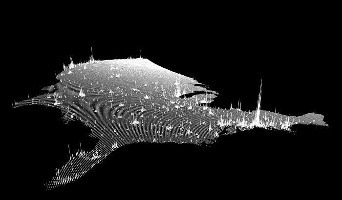 3D digital map of America showing population density spikes with varying heights representing urban concentration.