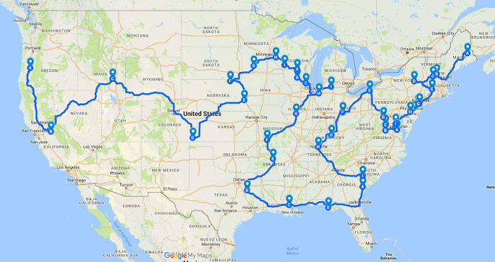 Map of the United States with marked route showing key locations in eye-opening maps revealing America.