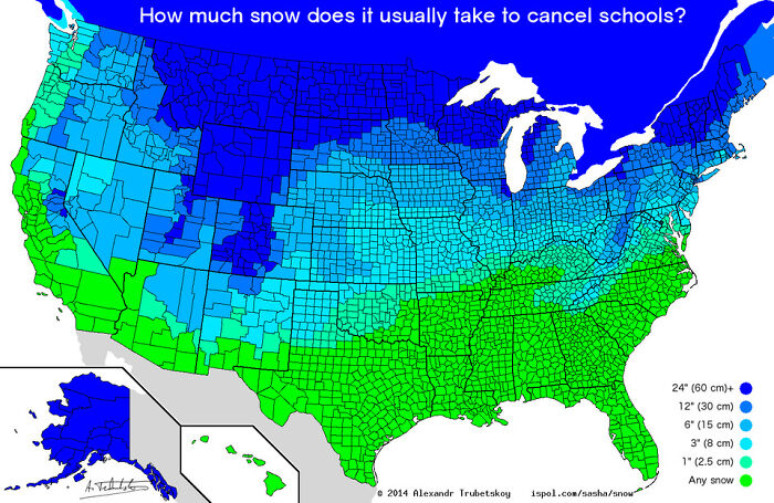 Map showing how much snow it usually takes to cancel schools across America with color-coded regions.