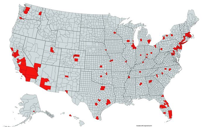 Map highlighting selected counties across America in red, showcasing eye-opening data from a unique perspective.