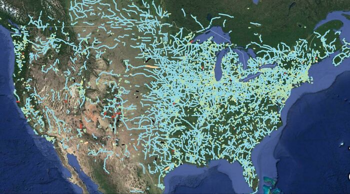 Map of America's rivers and waterways shown in detailed geographic satellite view, highlighting eye-opening maps of America.