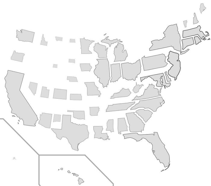 Blank gray outlined map of America showing all states with clear borders and no labels or colors.