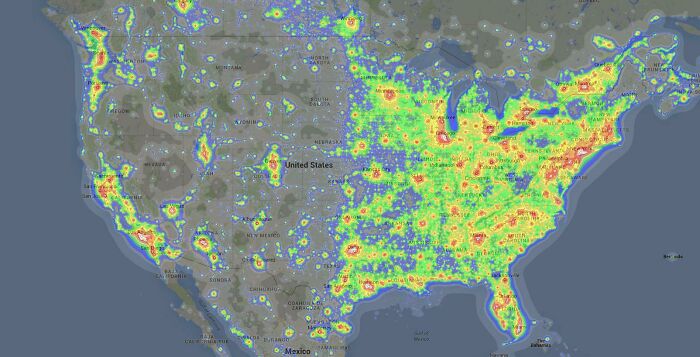 Heat map showing population density and urban areas across America with colorful clusters highlighting key regions.