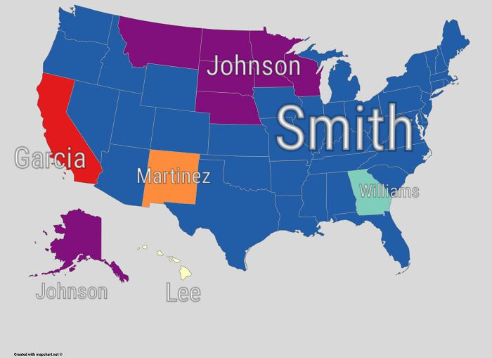Map of America showing the most common surnames by state with Smith, Johnson, Garcia, Martinez, Lee, and Williams highlighted.
