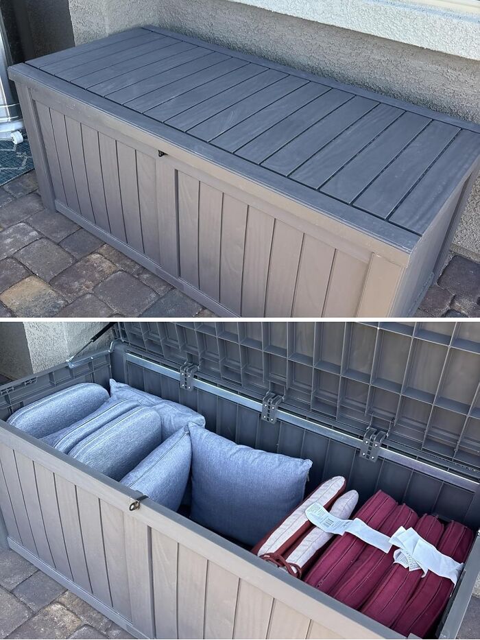 Outdoor storage bench on patio with cushions and blankets inside, featured among popular Amazon finds on wishlists.