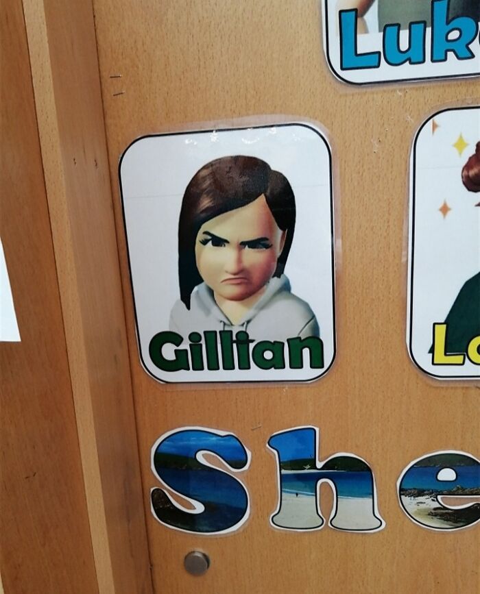Angry illustrated character labeled Gillian on a wooden board from mildly infuriated people mood-ruining collection.