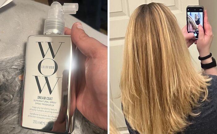 Hand holding WOW Dream Coat hair spray bottle next to a woman with shiny, smooth blonde hair on her wishlist.