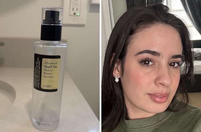 Clear bottle of COSRX Advanced Snail 96 Mucin Power Essence on a bathroom counter and a woman with glowing skin.