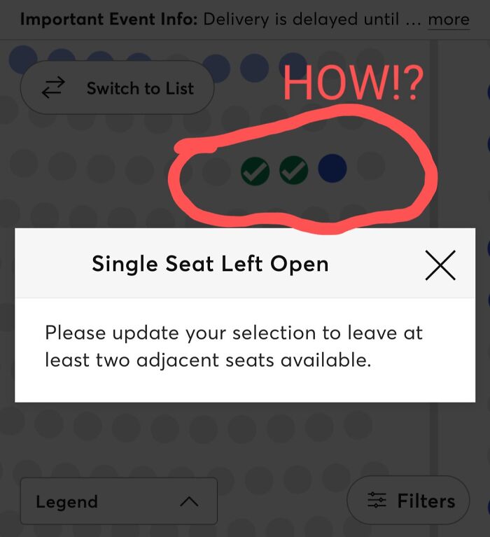 Seat selection screen showing error message about single seat left open, illustrating mildly infuriated people’s ruined mood.