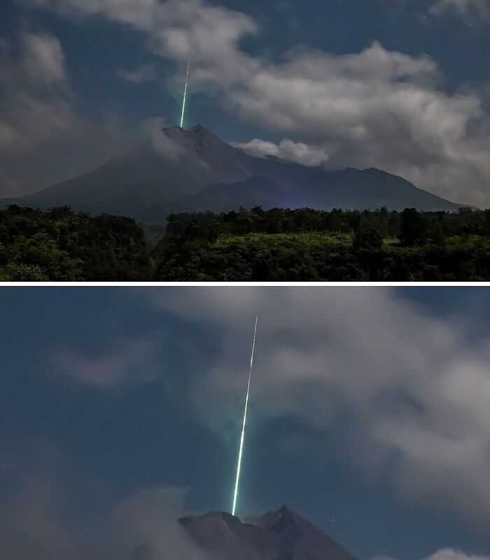 Meteor streaking above a mountain peak at night, showcasing rare natural phenomena with glowing clouds and dark landscape.