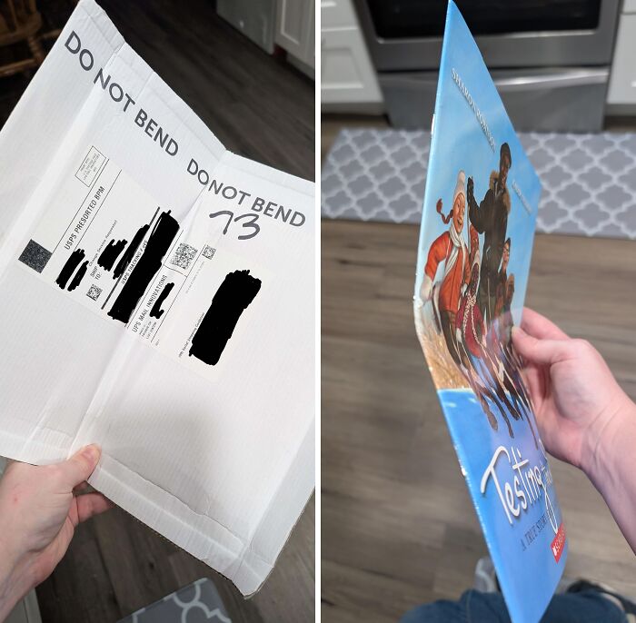 Package labeled do not bend is bent, showing mildly infuriated people’s frustration with ruined mood due to damaged mail.