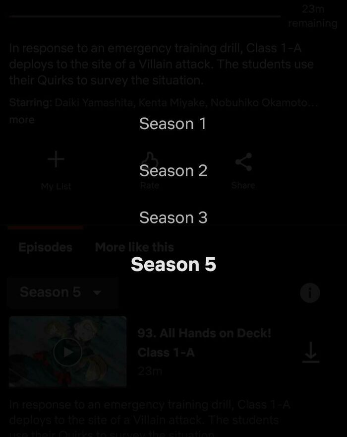 Season selection menu on a streaming platform showing Season 1 through Season 5, highlighting mildly infuriated user interface issues.