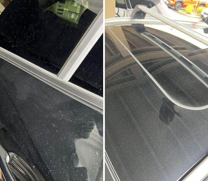 Black car covered with dust and spots, showing what mildly infuriated people shared that ruined their mood.
