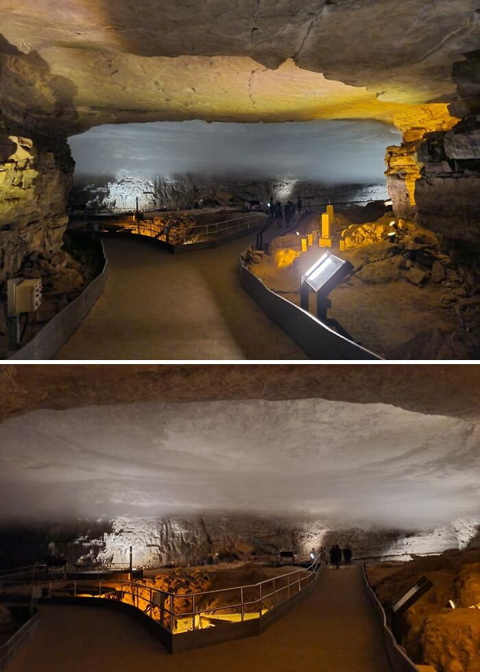 Underground cave with illuminated rocky formations showcasing rare natural phenomena and misty cloud-like ceiling.