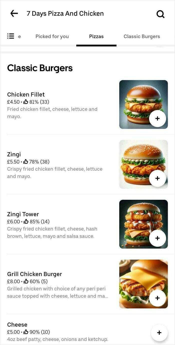 Classic burgers menu with chicken fillet, Zingi, Zingi Tower, grill chicken burger, and cheese options with prices and ratings.