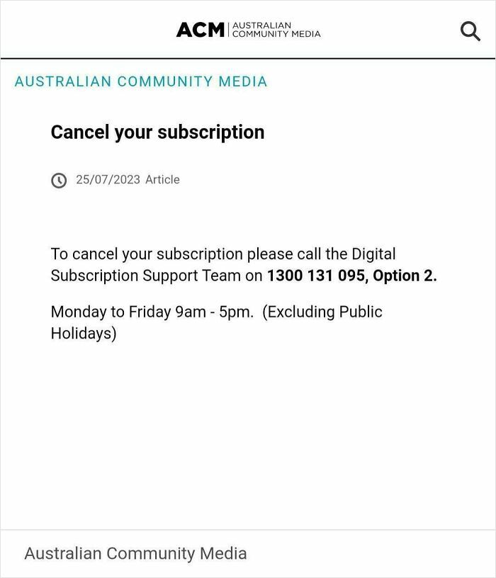 Subscription cancellation instructions from Australian Community Media, highlighting support team contact details and hours.