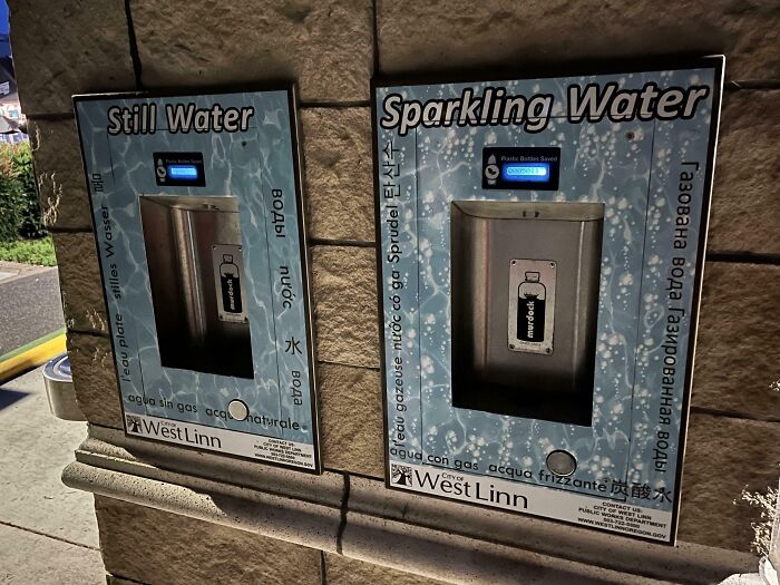 Innovative water refill stations offering still and sparkling options, showcasing clever solutions to overlooked everyday problems.