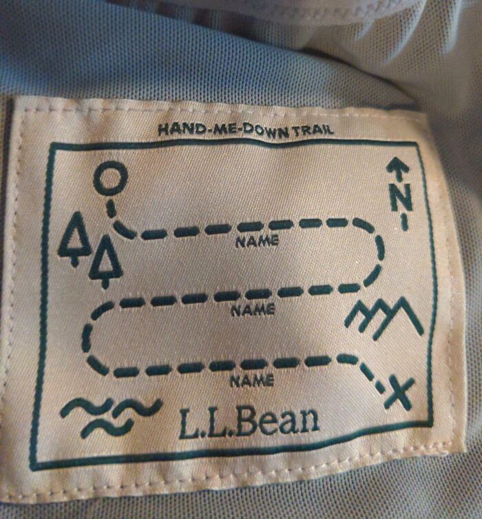 Clothing label with a creative hand-me-down trail map and spaces for names, showcasing clever problem-solving ideas.