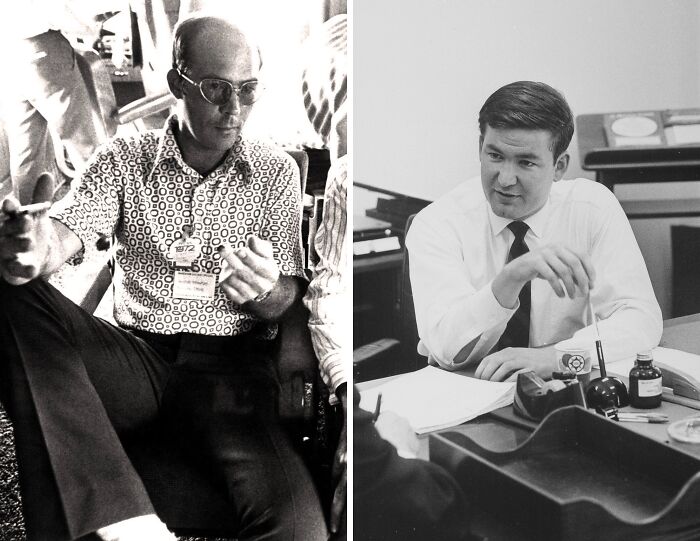 Black and white photo collage showing two historical figures engaged in conversation illustrating unexpected friendships between historical figures