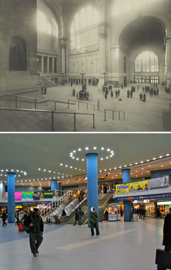 Then and now photos of a busy train station interior showing how places have changed over time with modern updates.
