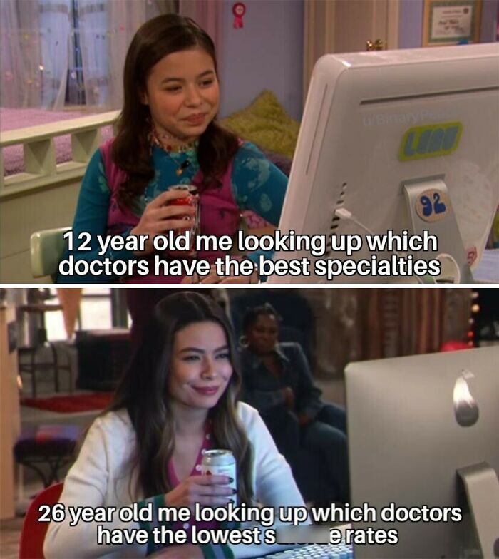 Two images showing a young woman at a computer, depicting medical school memes about future doctors and specialties.