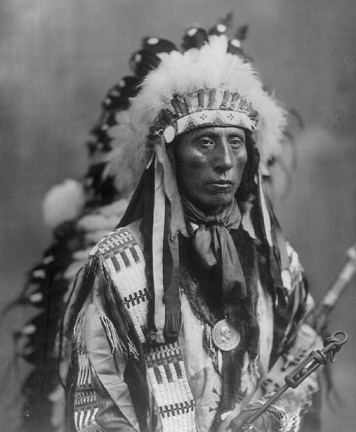 Native American man in traditional regalia with feathered headdress holding a staff in a powerful historic portrait.