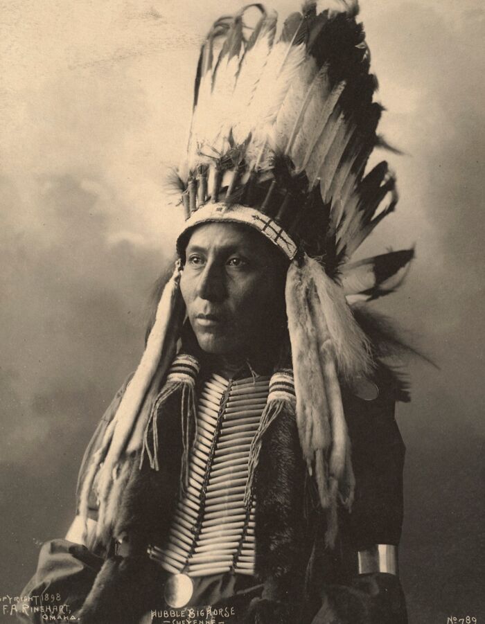 Portrait of Native American man wearing traditional feathered headdress and bone chest plate from historical powerful portraits.