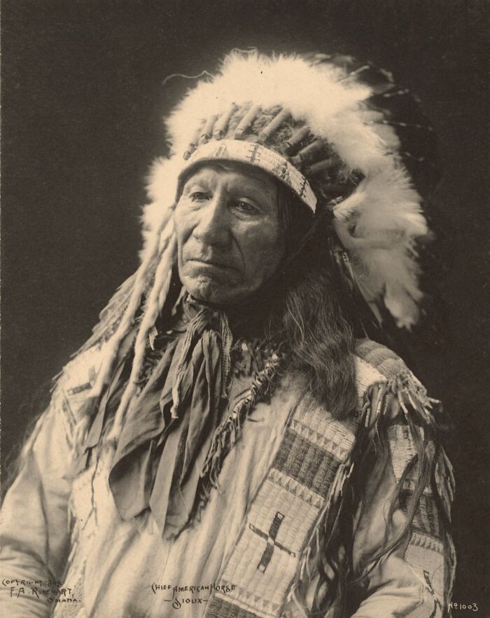 Native American man wearing a traditional headdress and beaded clothing in a powerful historic portrait.