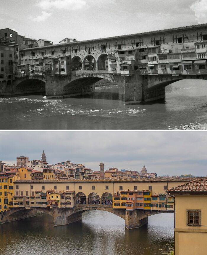 Then and now photos showing how the historic Ponte Vecchio bridge and surrounding area in Florence have changed over time