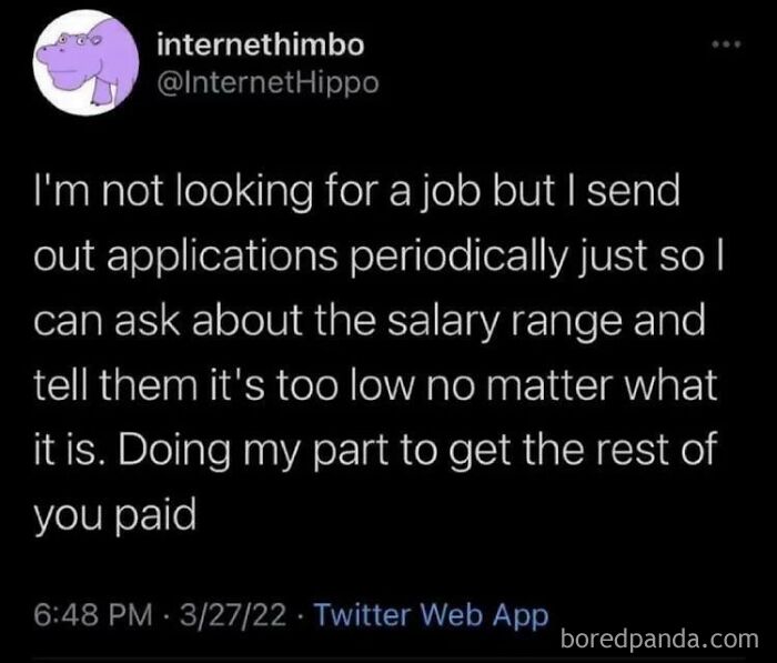 Tweet about sending job applications to challenge low salary offers, reflecting chaotic good acts with good intentions.