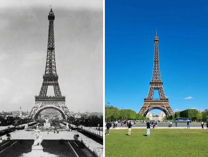 Split view of the Eiffel Tower showcasing then and now photos that reveal how this iconic place has changed over time.