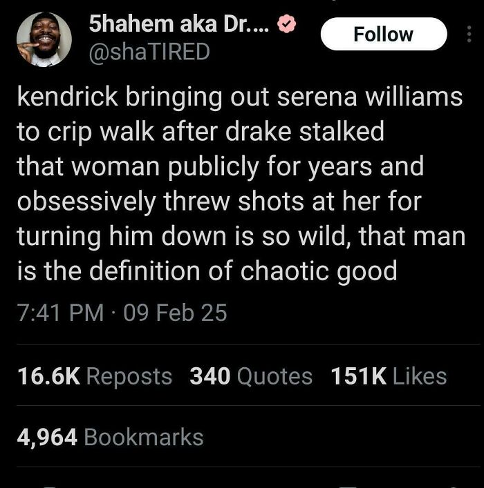 Tweet about Kendrick bringing out Serena Williams to "crip walk" after Drake's behavior, illustrating chaotic good actions.
