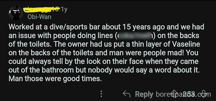 Comment describing a chaotic good act at a bar involving Vaseline on toilets to deter d**g use with good intentions.