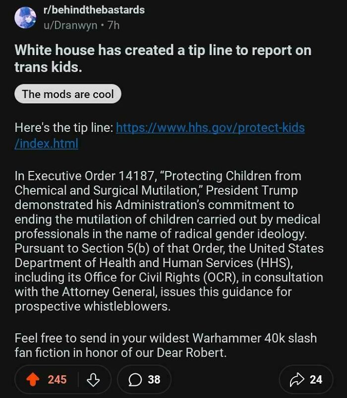 Reddit post discussing a tip line to report on trans kids, related to chaotic good acts with best intentions.