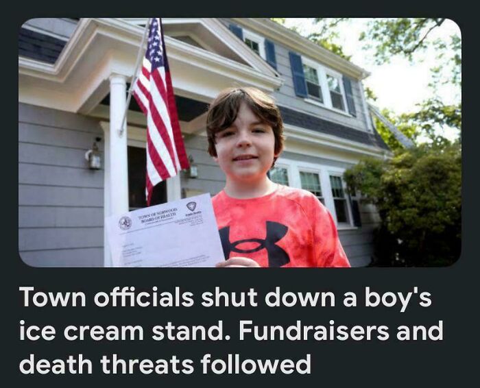 Boy holding a letter in front of a house after town officials shut down his ice cream stand in a chaotic good act.