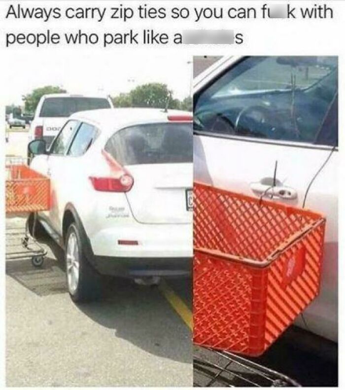 White SUV poorly parked in a lot with a shopping cart zip tied to the door as a chaotic good act of frustration.