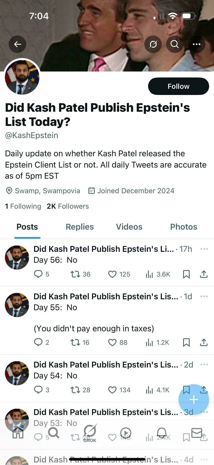 Screenshot of tweets questioning if Kash Patel published Epstein's list, with multiple daily updates showing "No" responses.